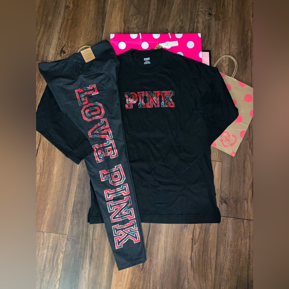 3 PIECE VS PINK Size MEDIUM Plaid Logo Legging and Long Sleeve Campus Tee Set.
